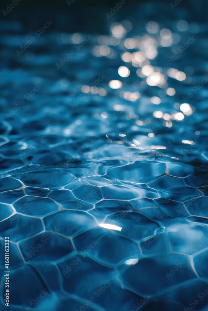 Poster abstract close-up of sunlit rippled water with hexagonal patterns