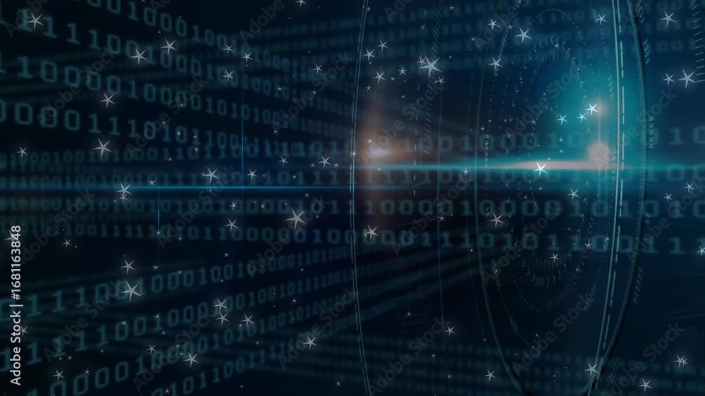 Poster animation of glowing stars with line and looping binary codes