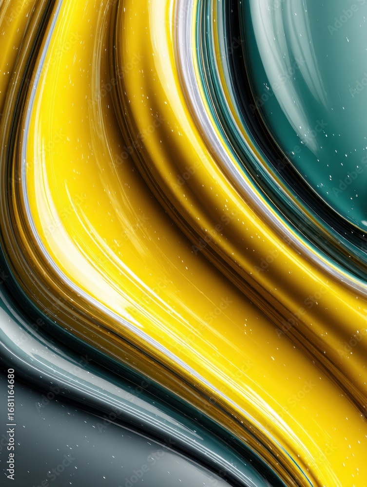 Poster abstract flowing curves in yellow and teal with a glossy finish creating a modern artistic design el