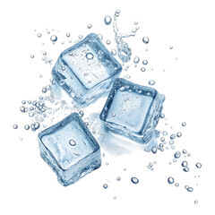 Three ice cubes with water splashes isolated on transparent background