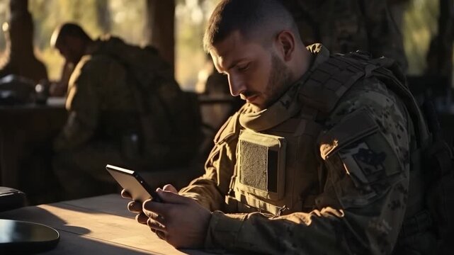Soldier engaged in communication while stationed at a military outpost during the afternoon