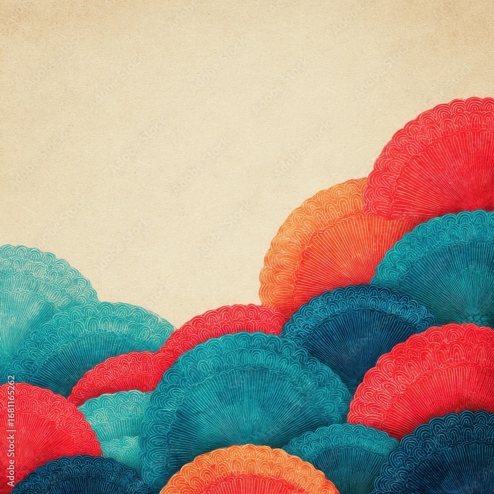 Poster Abstract colorful fan pattern illustration on beige background top angle graphic design paper texture backdrop for presentations or creative projects