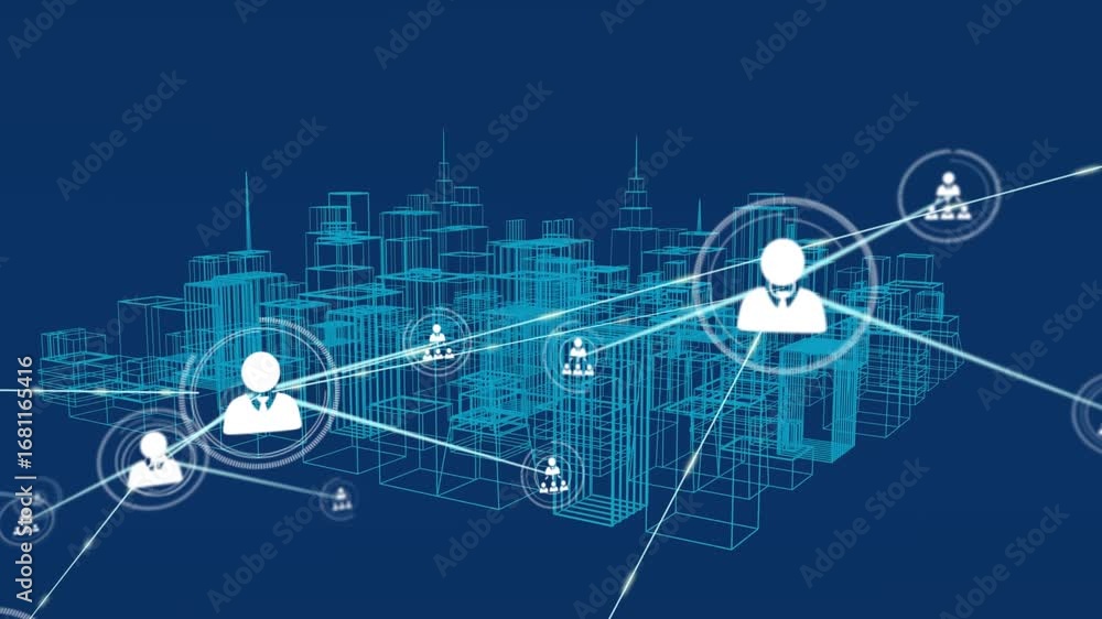 Poster animation of profile icons connecting with lines over digital cityscape