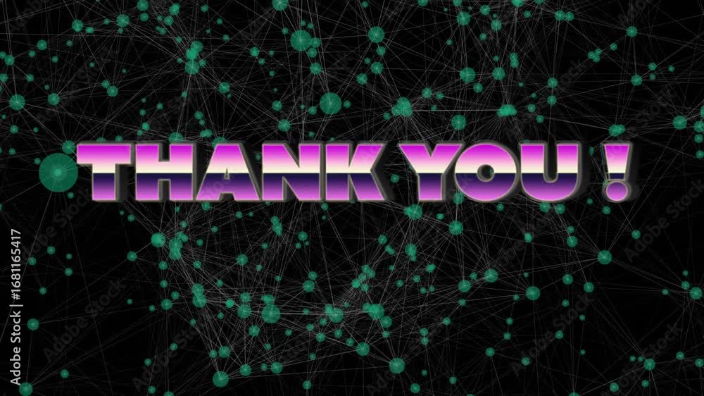 Poster animation of thank you text over network of connections with icons on black background