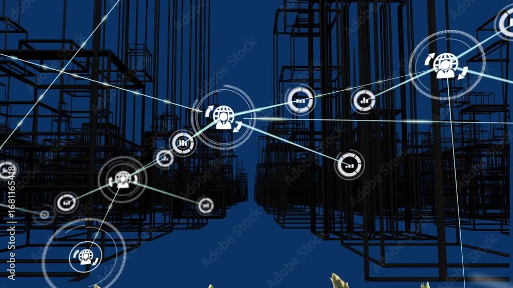 Poster animation of profile icons interconnecting with lines over looping digital buildings