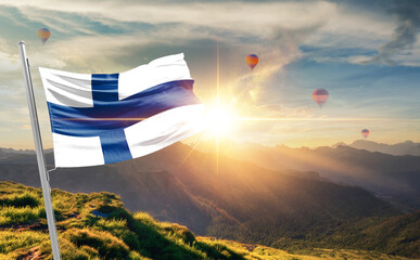 Finland flag waving in beautiful scenery. Finland national flag for independence day.