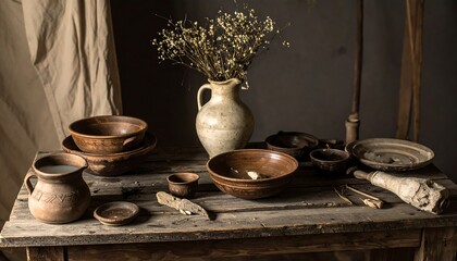 Rustic still life of aged pottery and wooden bowls arranged on a worn wooden table