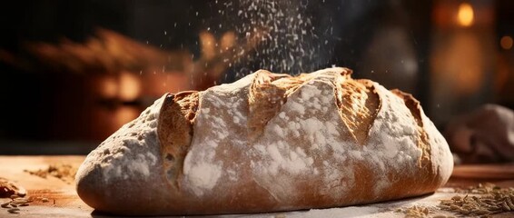 Freshly baked bread on wooden table with flour specks and warm glow from kitchen background showcasing artisanal craftsmanship in a cozy environment