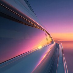 Obraz premium An abstract view of a yacht at sunset, highlighting the sleek lines and reflective surfaces of the vessel against a backdrop of vibrant colors, symbolizing modern luxury and nautical design