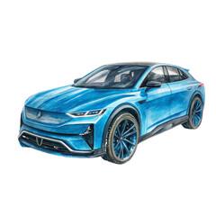 Fototapeta premium Watercolor futuristic blue electric vehicle design isolated on a transparent background image