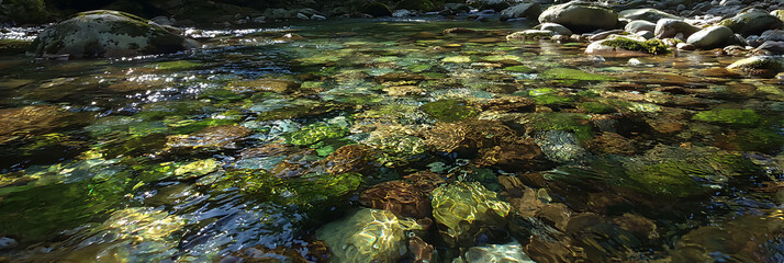 Clear, shallow river with visible rocks and lush green algae on the bottom, dappled with sunlight, evoking nature's tranquility and purity.
