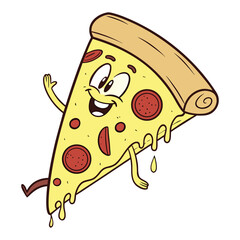 A delicious cartoon vector illustration of a cheesy pizza slice with a smiling mouse