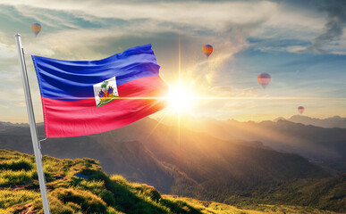 Haiti flag waving in beautiful scenery. Haitinational flag for independence day.