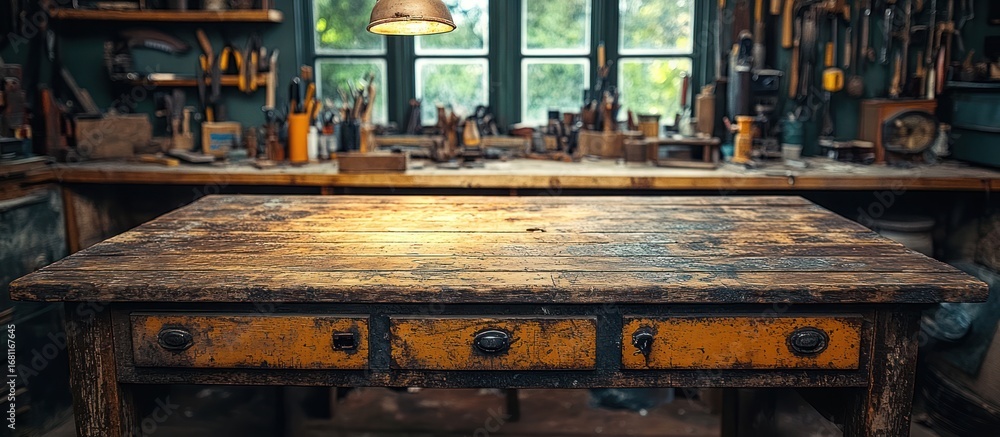 Poster rustic workbench in a workshop.