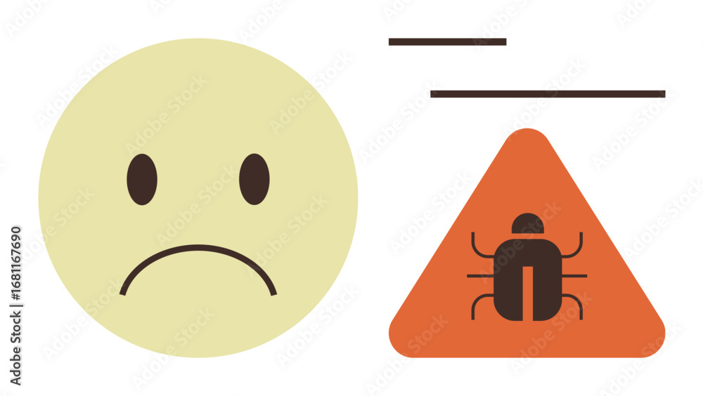 Poster frowning face beside a triangular warning sign with a bug icon. ideal for software, system error, de