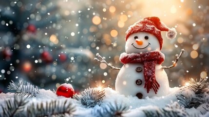 Fototapeta premium Charming snowman standing beside a festively decorated christmas tree in winter wonderland