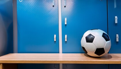 a close up of a soccer ball on a shelf in a locker room showcasing a vibrant blue background for an energetic sports atmosphere