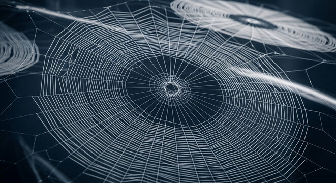 Close-up of spiderweb, intricate radial design, delicate threads against dark background, showcasing nature's geometry and fragility