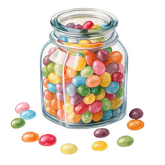 Watercolor jar filled with colorful jelly beans scattered around isolated on a transparent background