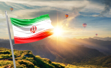 Iran flag waving in beautiful scenery. Iran national flag for independence day.