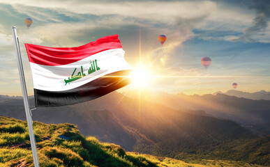 Iraq flag waving in beautiful scenery. Iraq national flag for independence day.