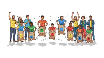 Fototapeta premium Sack Race Fun: Energetic participants race with colorful sacks. A fun-filled, family-friendly scene of people enthusiastically competing in a sack race, bursting with laughter and excitement