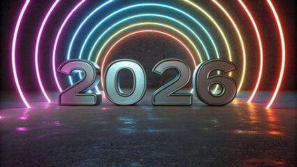 3d metallic numbers 2026 illuminated by colorful neon rings full hd 4k stock image download silver chrome