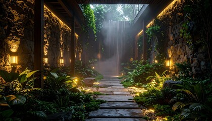 Obraz premium Enclosed garden atrium with misty air, natural stone walls, and glowing pathways enhancing immersive serenity