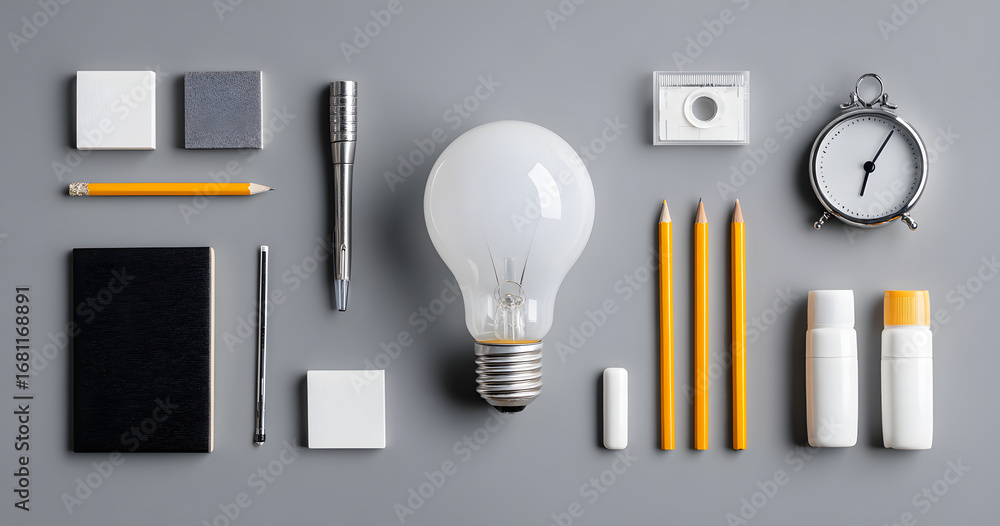 Poster clarifying complex ideas teme with light bulb - flatlay