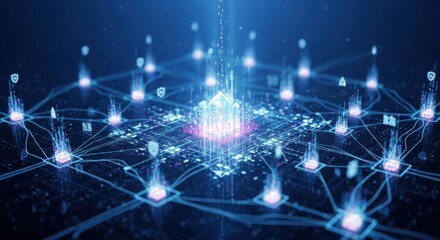Digital Network Connection with Glowing Data Nodes and Holographic Elements in Blue and Purple Colors