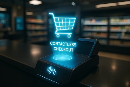 Futuristic contactless checkout terminal with shopping cart icon