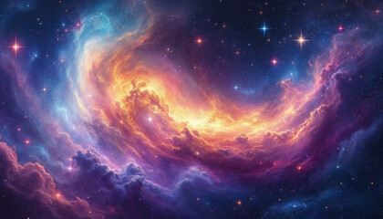 Vibrant cosmic scene with colorful nebulae, galaxies, and stars

