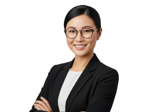 Smiling asian businesswoman in glasses and suit isolated on transparent background - Powered by Adobe