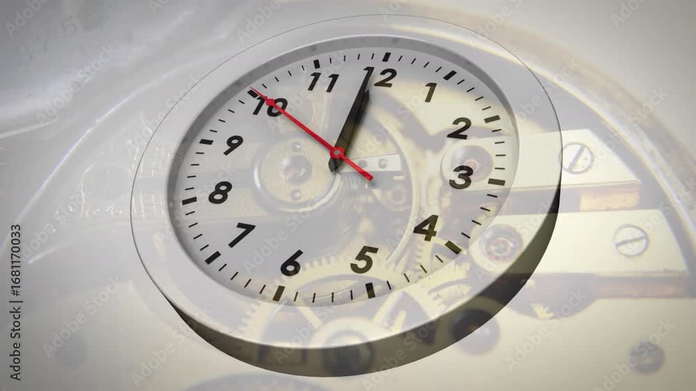 Poster animation of clock moving over clock mechanism