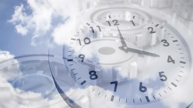 Animation of clock moving over clock mechanism and clouds - Powered by Adobe