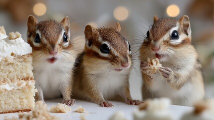 Chipmunks eating cake crumbs close up