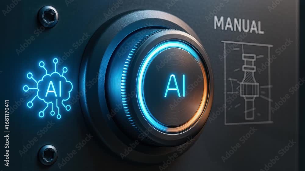 Aufkleber artificial intelligence control knob glowing blue light dark panel technology concept automation sma