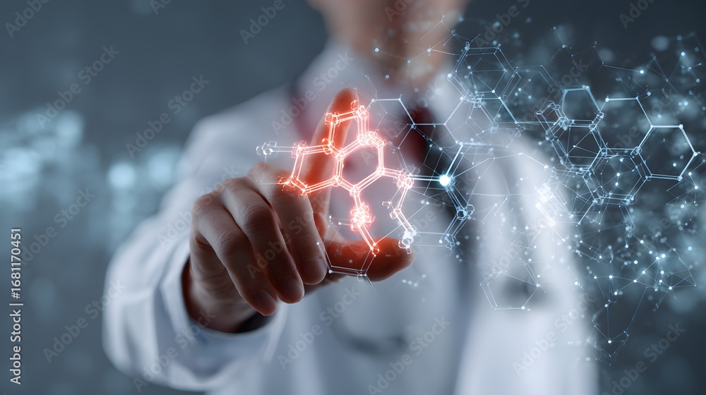 Poster scientist interacts with glowing molecular structure in futuristic digital interface.