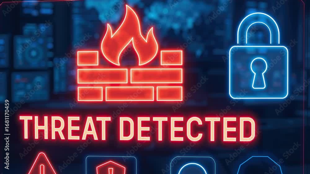 Poster threat detected warning with firewall lock icons neon style digital screen symbolizing cybersecurity