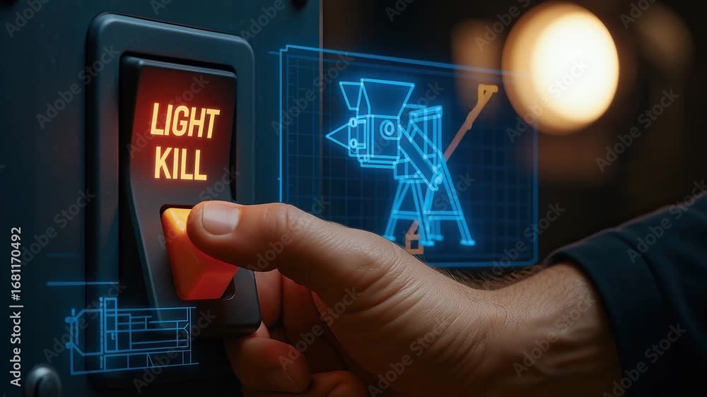 Aufkleber hand pressing illuminated light kill switch button on control panel with hologram blueprint and futu