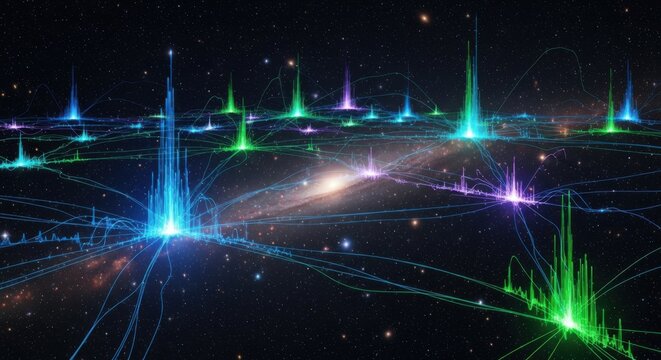 Colorful Digital Data Network Visualization in Space with Bright Light Nodes - Powered by Adobe