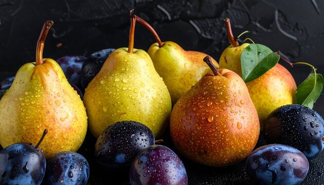 Close-up of fresh pears and plums on a dark surface.  Water droplets coat the fruit