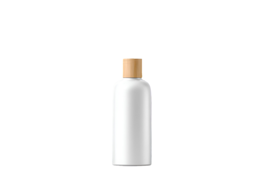Minimalist white bottle with wooden cap isolated on transparent background