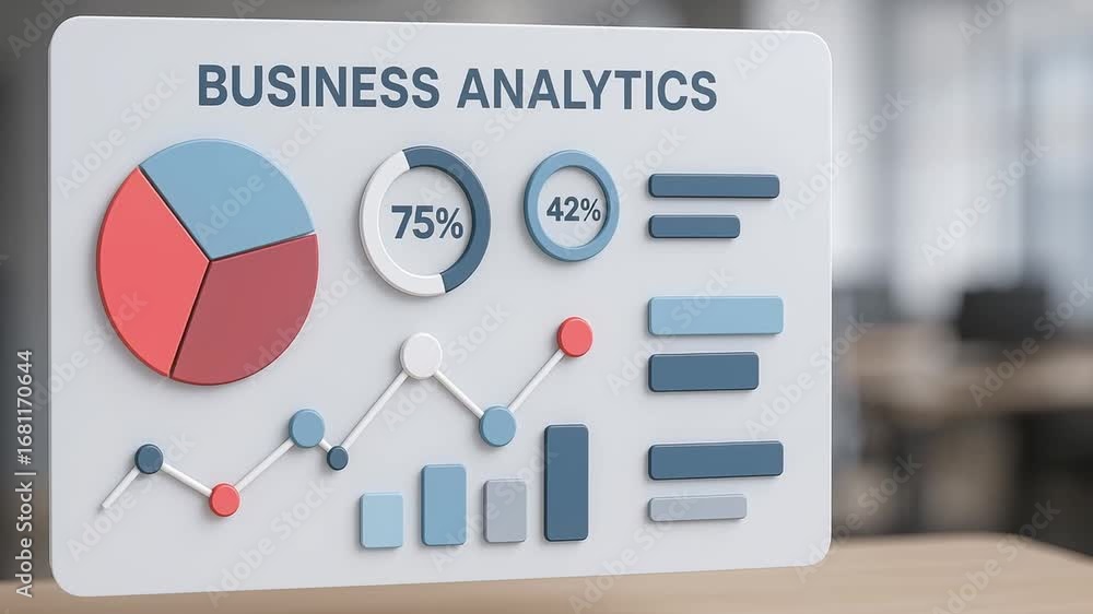 Poster business analytics dashboard featuring pie chart, percentage rings, bar graph, and line chart displa