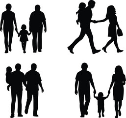 Silhouettes of diverse families walking with children, parenting moments, bonding time, love, care, lifestyle, holding hands, outdoor happiness