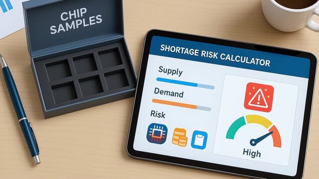 Chip sample box with empty slots beside tablet showing shortage risk calculator indicating high supply demand high risk level alert on wooden desk with pen and coffee cup nearby