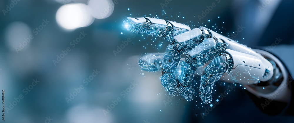 Poster artificial intelligence and automated machine connec learning language blue diital with businessman 