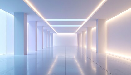 Fototapeta premium Minimalist gallery space featuring glowing geometric structures and soft gradients blending into seamless depth