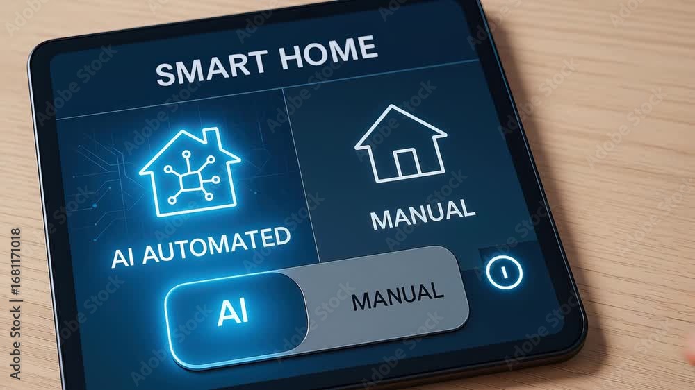 Poster smart home digital tablet interface with ai automation and manual control options, hand selecting ai
