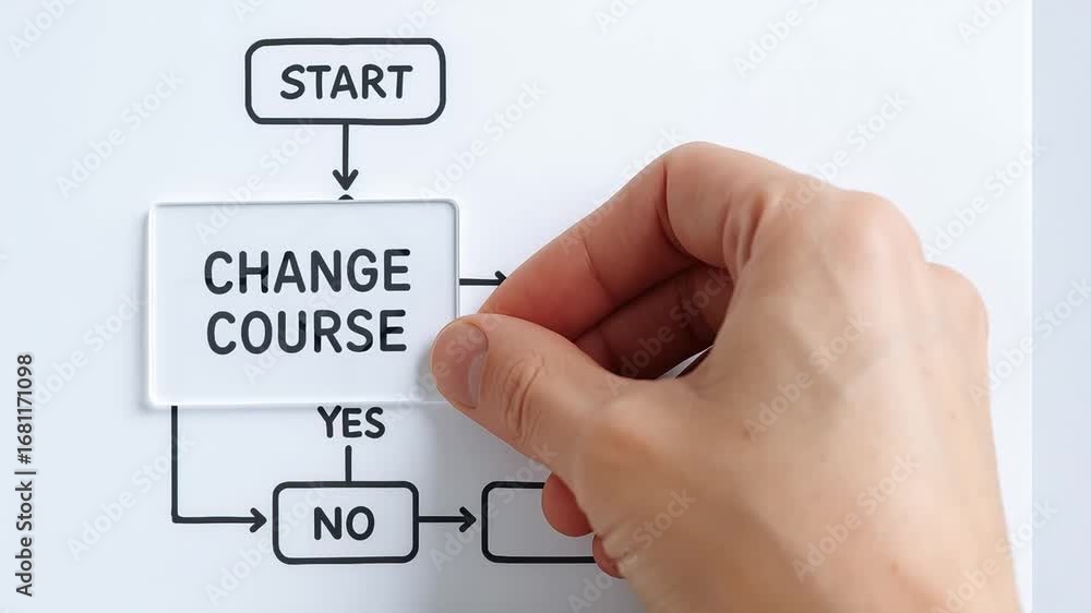 Poster change course concept with hand holding transparent card over flowchart decision diagram showing sta
